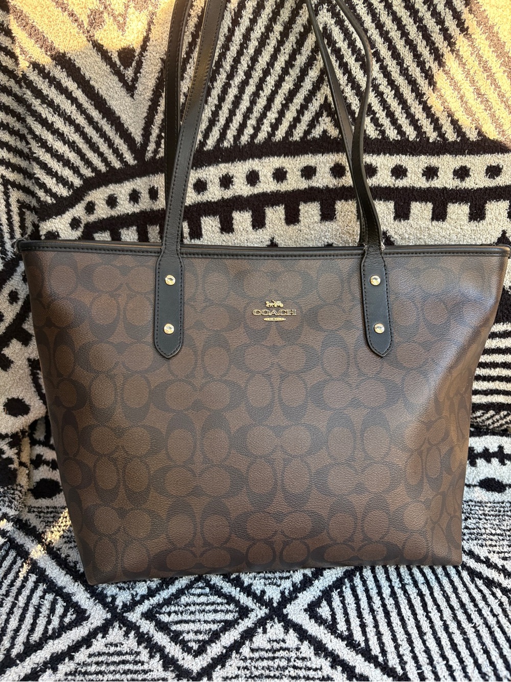 Coach Brown Signature Canvas Tote with Black Straps